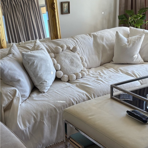 Round Cream Pillow with Pom Poms - Picture 3 of 6